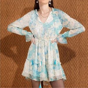 Hemant & Nandita Dress Turquoise Blush Metallic Georgette Mini Dress Large